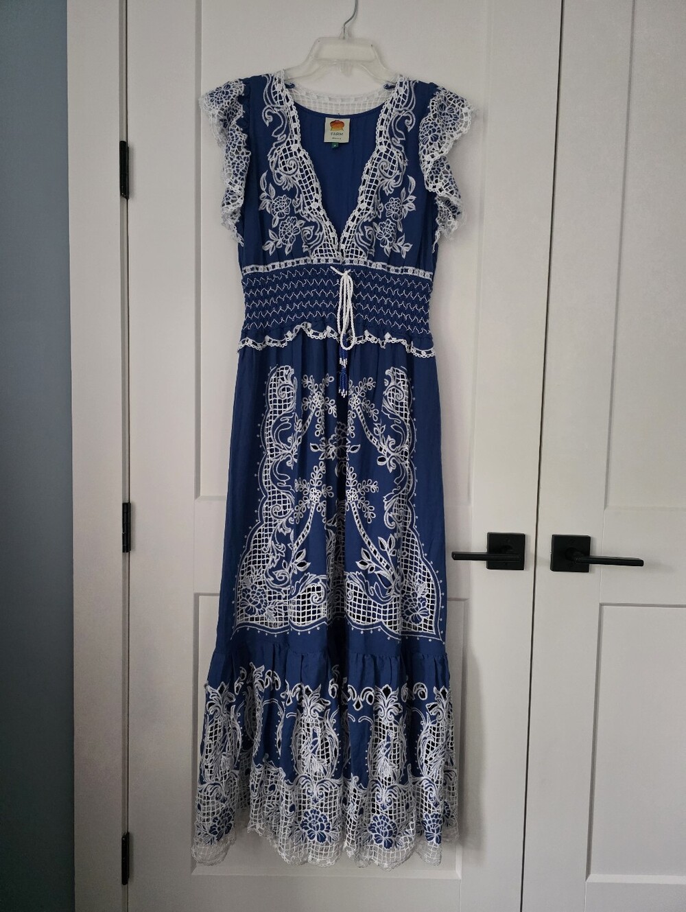 Farm Rio Boho Lace-Trim Maxi Dress Womans M Blue & White Eyelet - Picture 2 of 16